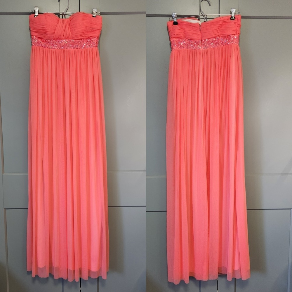 Cache Coral Pink Beaded Strapless Formal Evening Gown Maxi Dress 2 Prom Wedding